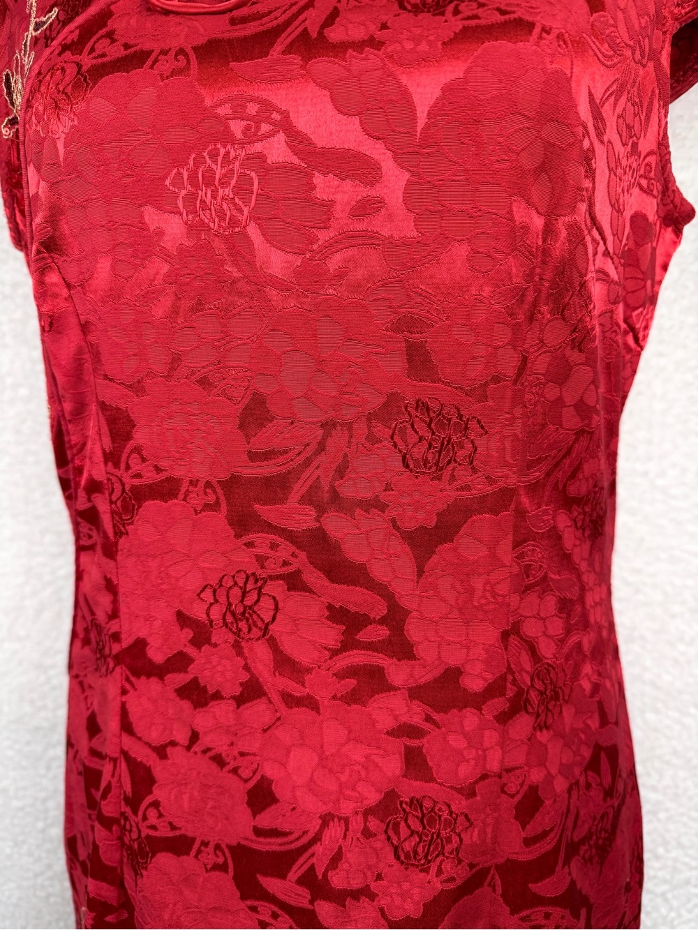 Red/Gold Floral Embroidered Mandarin Collar Sheath Mini Dress, XL - Picture 5 of 15